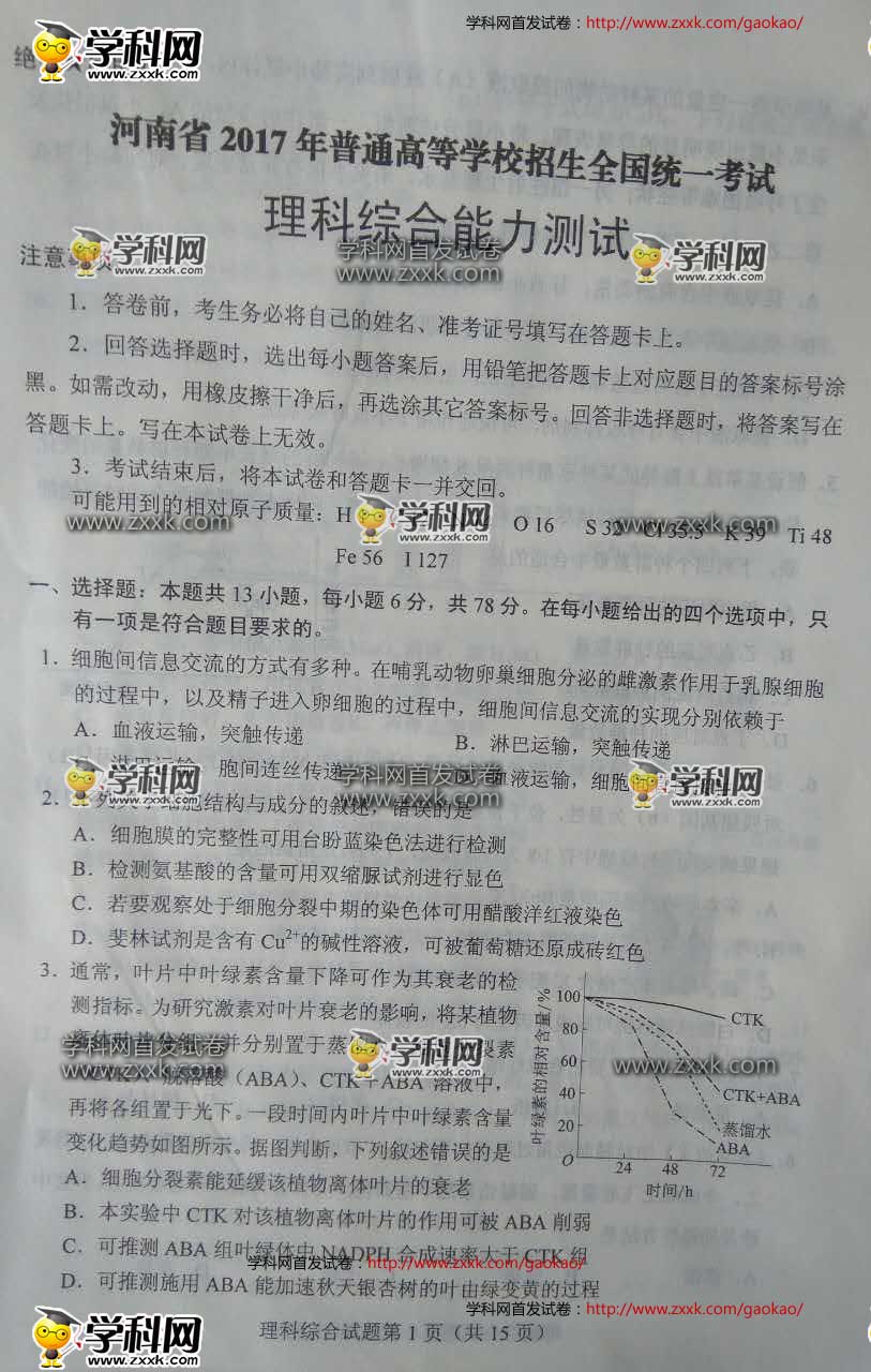 2017年全國卷1高考理綜試題及答案